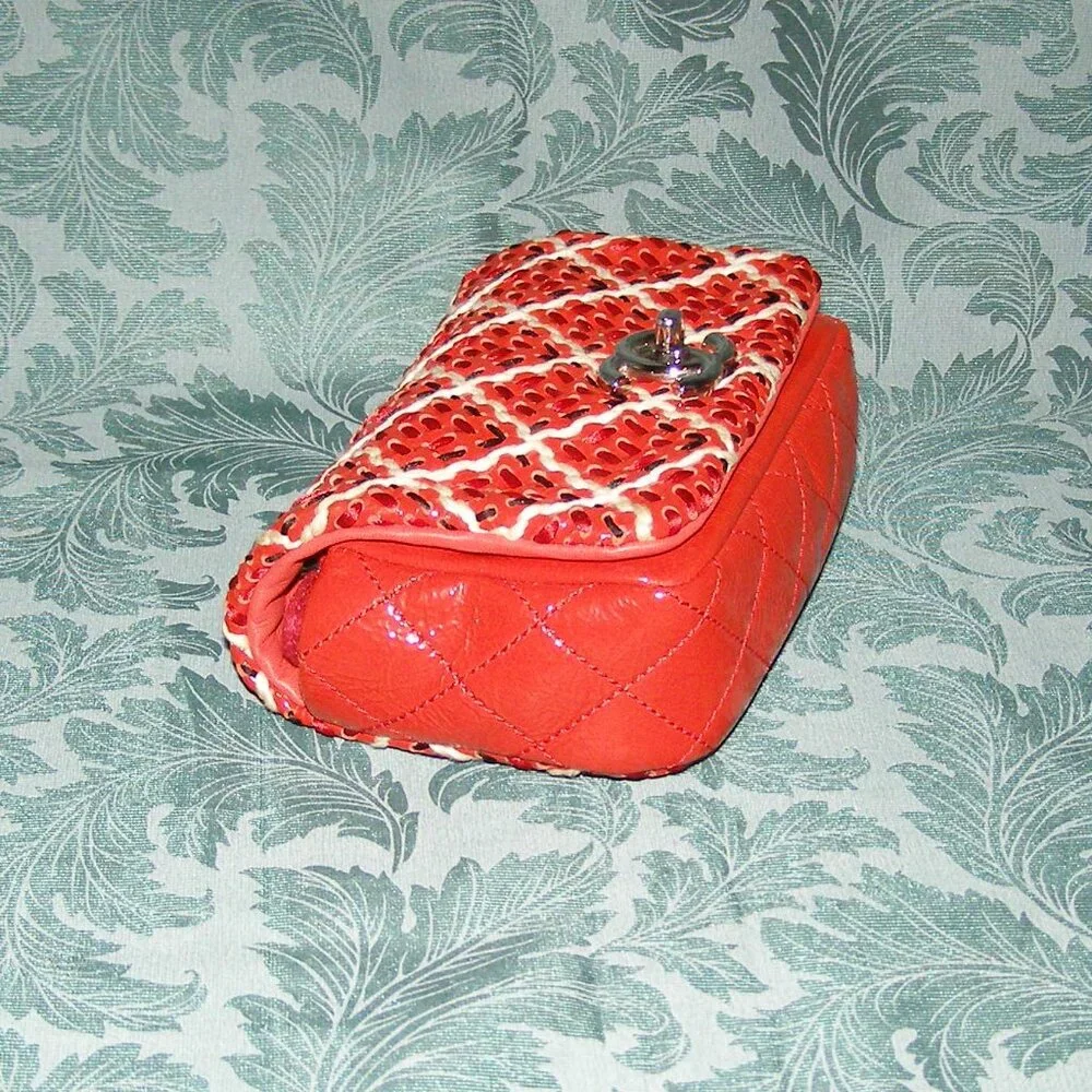 RARE Chanel Red Mini Patent Leather Woven Stitch Tweed Flap Bag